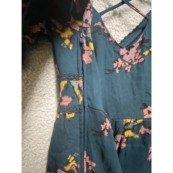 Xhilaration Teal Floral Print Babydoll Dress Small S Long Sleeve Mini Cross Back - Picture 8 of 10